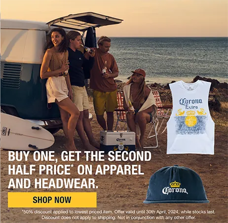 Buy One, get the Second Half Price on Corona Apparel and Headwear